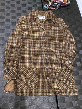 Brown Plaid Button-Front Wool Blend Jacket